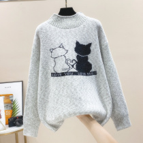 Cartoon cat half-turtleneck long-sleeved sweater female Korean version of autumn and winter New chenille base loose sweater