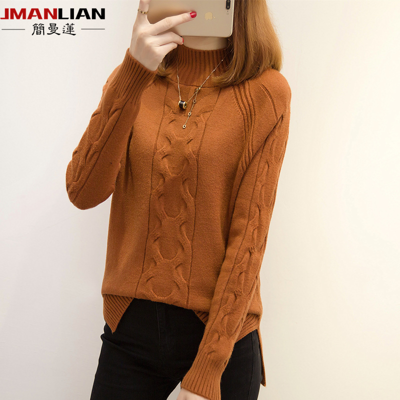 Sweater woman thickened jacket autumn winter new twist warm and loose sleeve head high collar open fork long sleeve knit undershirt