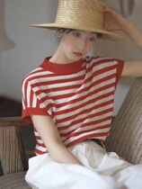 French CosyWell red striped short shoulder sleeve t-shirt female summer loose unique knitted sea soul shirt top