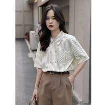 Substitute for French CosyWell striped Polo collar shirt female Xia Xinxing design sensed short shirt retro