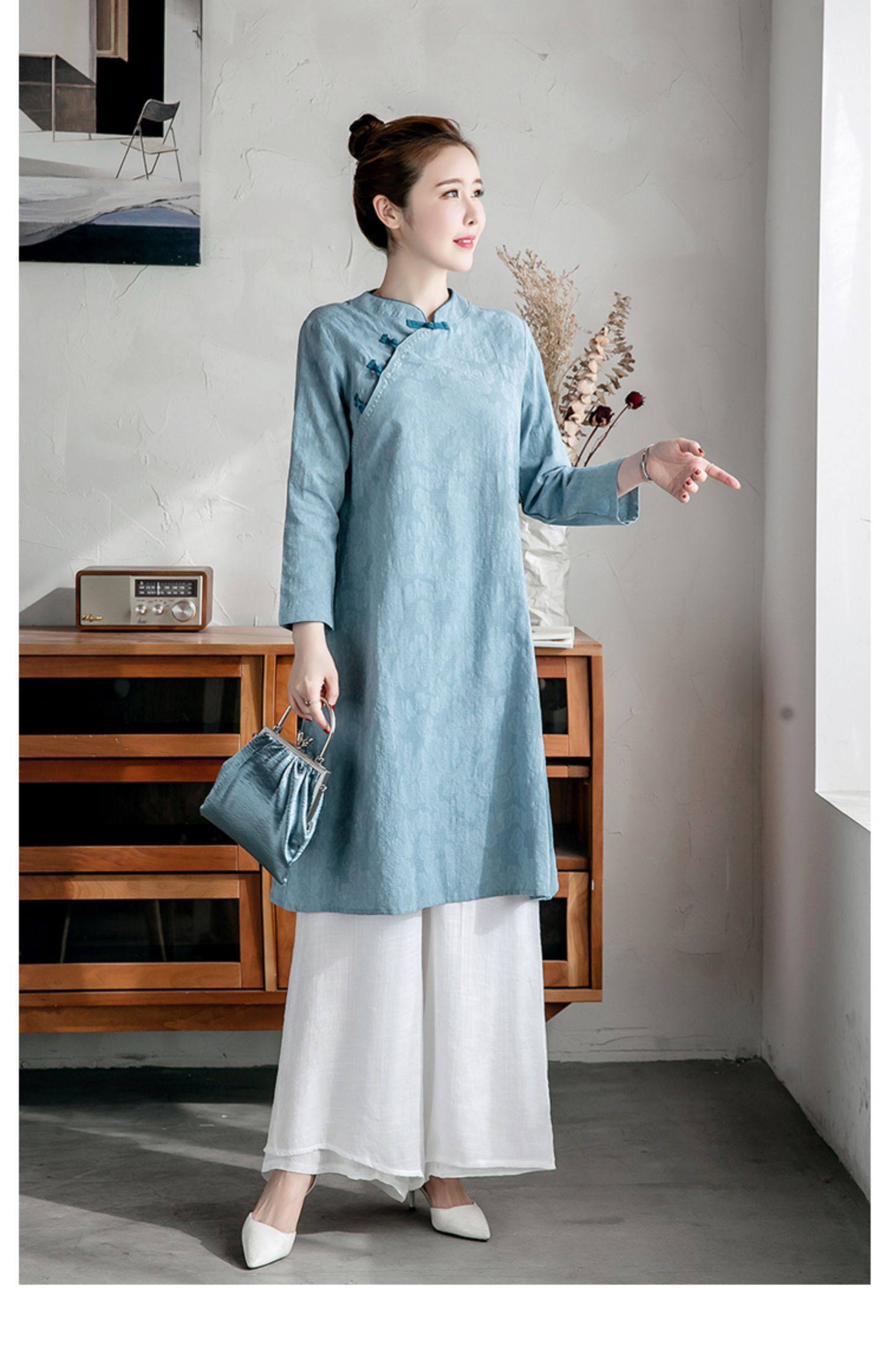 中国风棉麻禅意茶服连衣裙女套装复古文艺盘扣立领居士禅服两件套