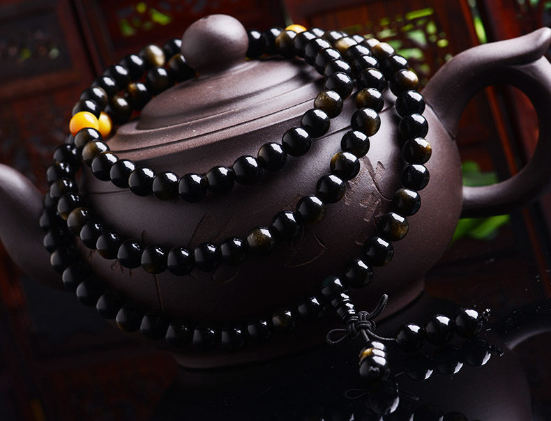 开光新款现货全新天然黑手链男女款金曜石多圈108佛珠手串韩版