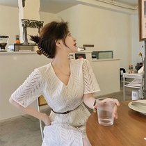 claudie pasey2021 Summer Lions dress women Fashion closets Slim Ocean Hollowed-out V Collar White style