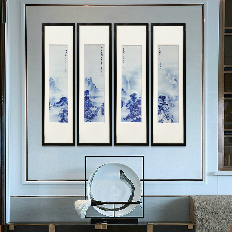 Hand - made ceramic porcelain plate painting landscapes of chun xiaqiu winter home sitting room sofa background wall hangs a picture of the blue and white porcelain decoration