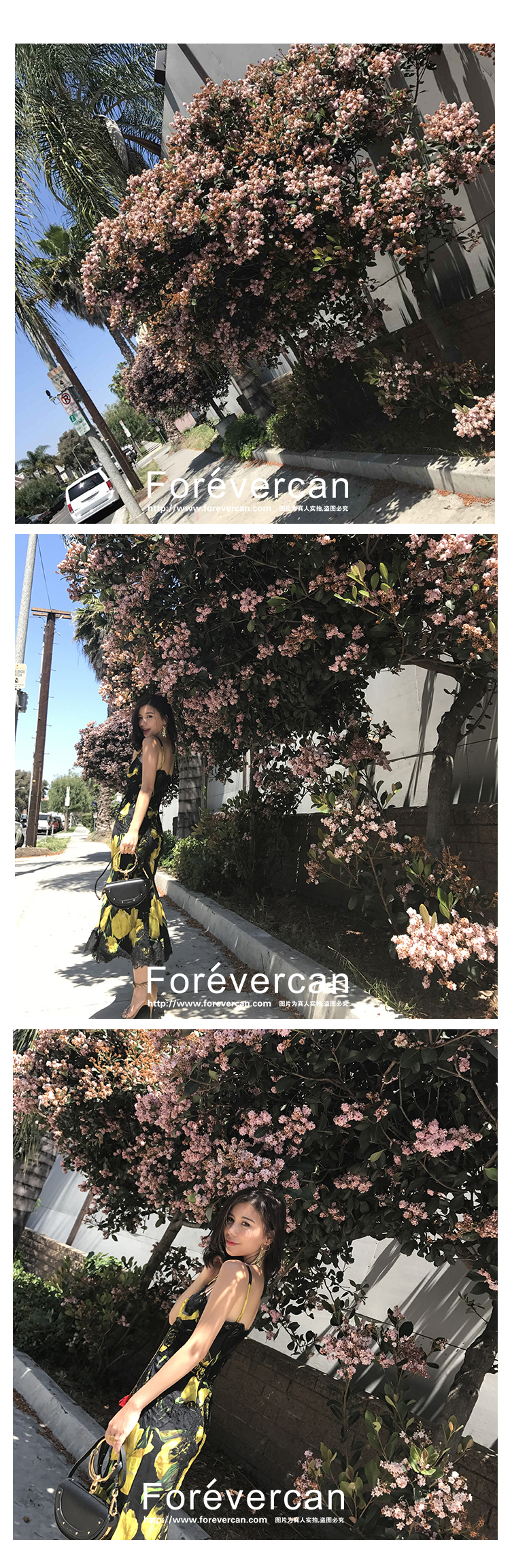 香奈兒早春度假 Forevercan2020新品夏 鬱金香印花 拼接蕾絲荷葉擺吊帶度假連衣裙 香奈兒春夏包