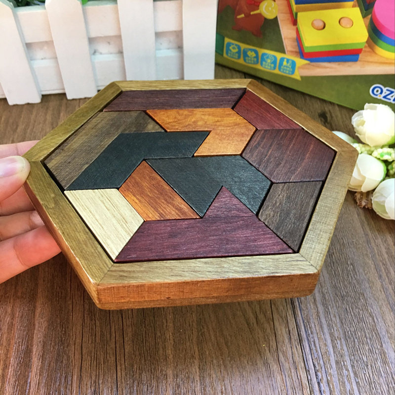 木制六边形智力几何拼图拼板 幼儿园宝宝儿童积木七巧板玩具