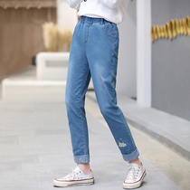 Junior high school students commoner girls jeans Four Seasons elastic College wind cat embroidery sen nv xi middle school students trousers