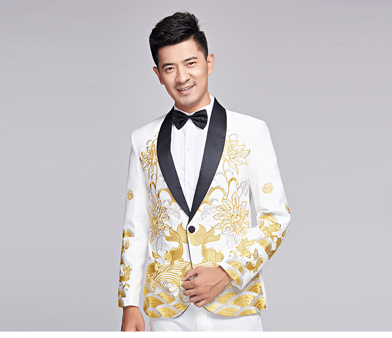 刺绣西装男士礼服司仪新郎结婚秀禾服主持人礼服男歌手演出服装