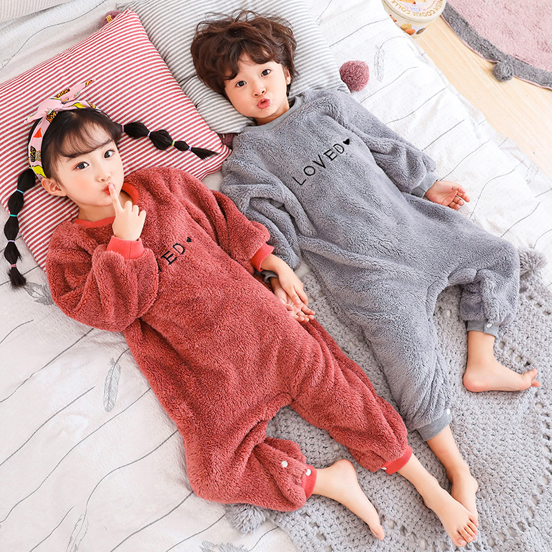 Children's sleepwear coral suede autumn winter clothing home Sleeping Bag Baby Spring Flannel long sleeve male and female child ha