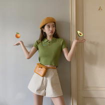 2021 summer new polo collar ice silk knitwear women's western style slimming avocado green heart machine T-shirt short women