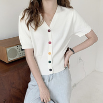 Short sleeve t-shirt woman design feeling small crowd short cut blouses jacket waist display slim and thin ice wire weasel-shirt V collar cardigan