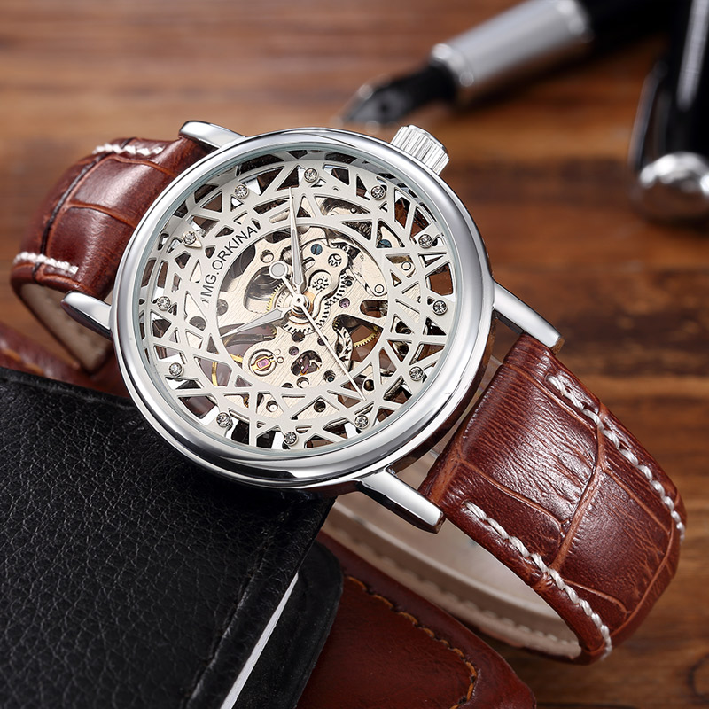 欧绮娜 男士手表防水时尚款男2017新款真皮商务半自动镂空机械表_7折