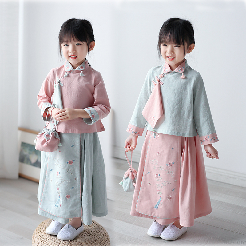 Girl Hanfu China Wind Spring Autumn Cotton Numb Costume Super Fairy Gust Embroidered Child Horseface Skirt Baby Dress Baby Dress