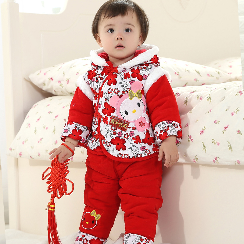 New Year's baby dress cotton clotheson cartoon girl outsuit 0-1-2-year-old female baby thickened winter dress toddler child clothing