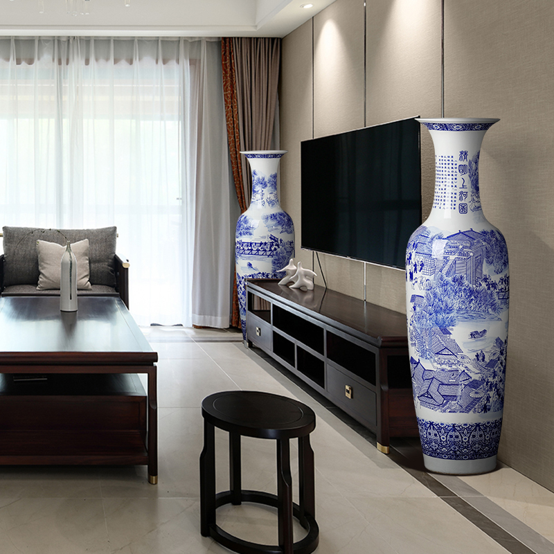 Blue and white porcelain of jingdezhen ceramics qingming festival Chinese style living room home decoration painting of large vase high furnishing articles