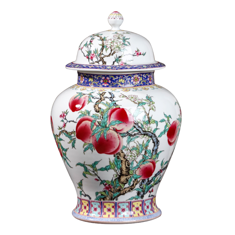 Modern Chinese style household jingdezhen ceramics with cover seal storage tank large general famille rose nine peach figure can restore ancient ways