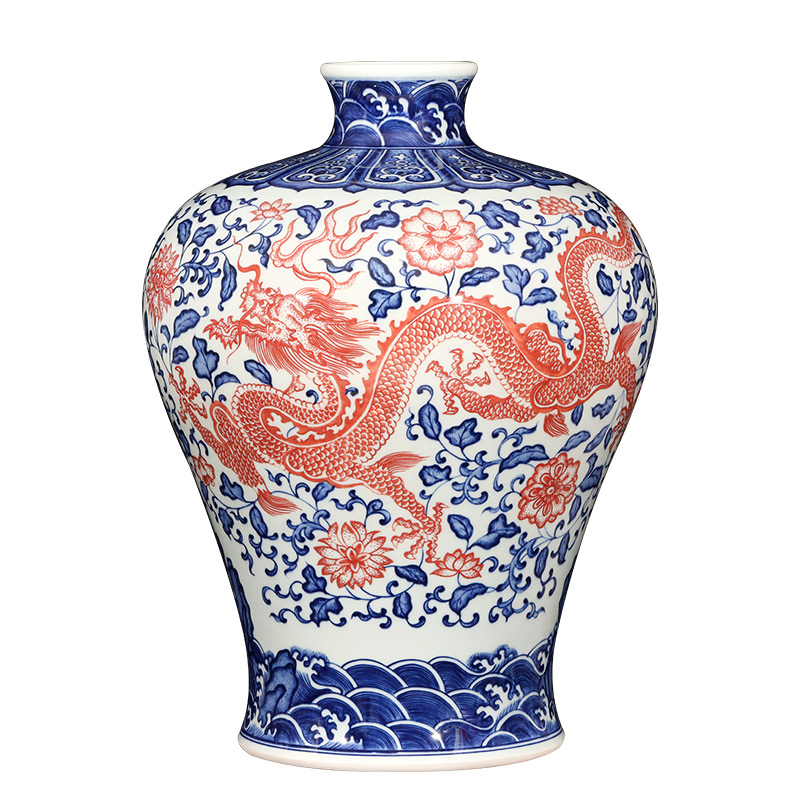 Jingdezhen ceramics imitation qianlong hand - made dragon pattern of blue and white porcelain vase flower arranging the new Chinese rich ancient frame is placed in the living room