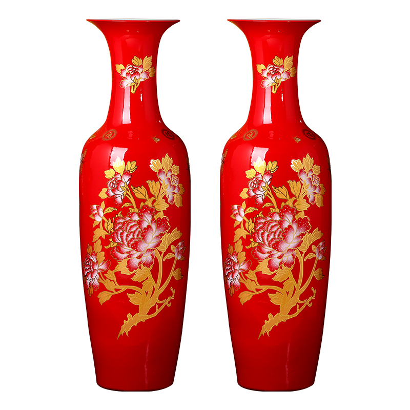 Jingdezhen ceramics China red flowers open prosperous ground vase sitting room hotel home decoration large furnishing articles