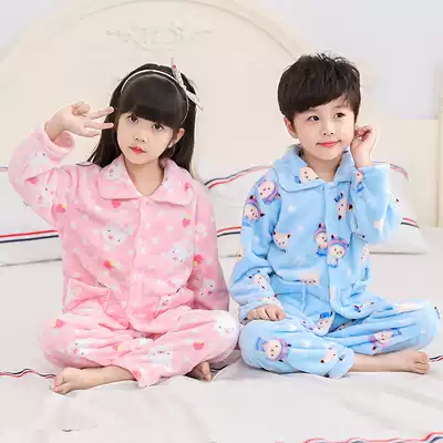 Autumn and Winter Children's flannel pajamas set girls boys boys children baby coral velvet girls home clothes