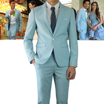 Suit mens suit summer casual mens thin slim Korean version of light blue handsome Huang Zongze same suit men