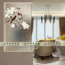 Carved art glass TV background wall Living room screen partition cabinet Sliding door double-sided translucent Magnolia bird
