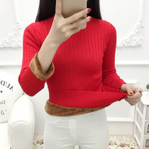  Plus velvet thickened bottoming shirt womens sweater pullover large size warm wild 2019 winter short knitted tight top