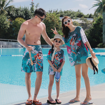 Split flat corner three-piece set covering belly thin parent-child ins Wind female baby swimsuit men Beach pants swimming trunks