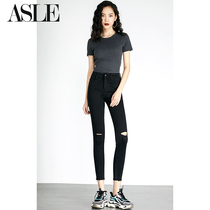 Black ripped jeans womens high-waisted eight-point pants 2021 spring new elastic tight thin feet pants tide