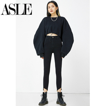 Black high-waisted irregular jeans womens autumn and winter 2021 New slim tight elastic nine-point pants tide