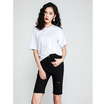 Black denim five-point pants womens high waist 2021 summer new elastic tight thin flash shorts straight pants