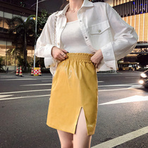 Glossy leather skirt womens 2021 new fashion thin high waist skirt spring and Autumn womens hip skirt a word split PU paint