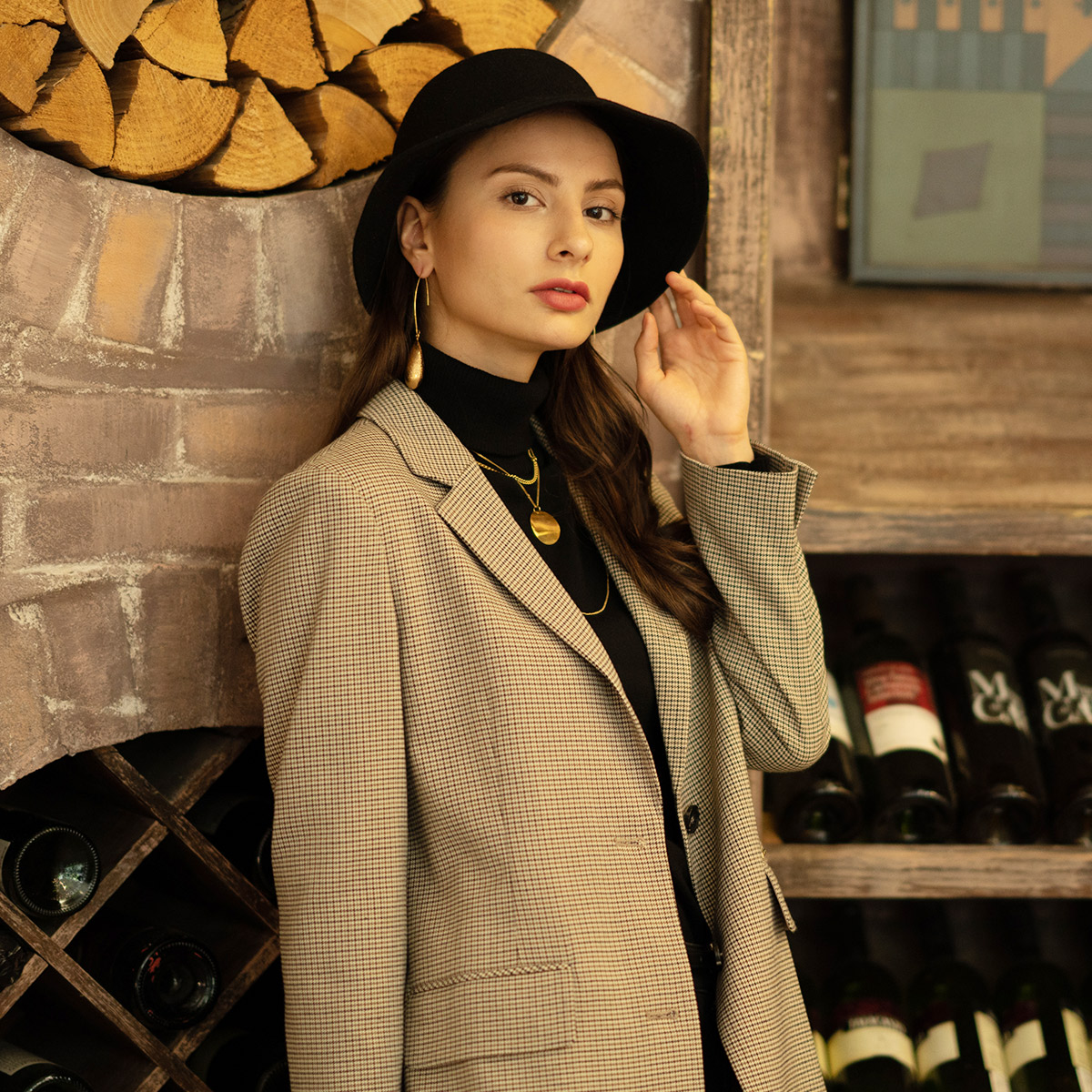 scofield女装春秋秋季复古英伦风千鸟格修身显瘦
