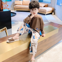 Childrens pajamas cotton cotton spring and autumn long sleeve set leisure boy baby middle and big child home clothing thin summer