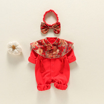 Baby clothes spring newborn female baby red 100-day banquet full moon New year Princess jumpsuit