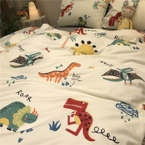 ins cartoon small dinosaur four pieces full cotton pure cotton 1 5m boy grey plaid bed linen quilt Nordic brief