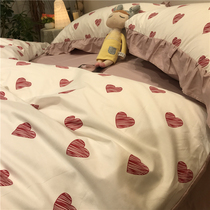 Korean Temperament Princess Wind Four Pieces All Cotton Pure Cotton Lotus Leaf Side Pillowcase Girl Hearts Pink Women Quilt Cover Sheets