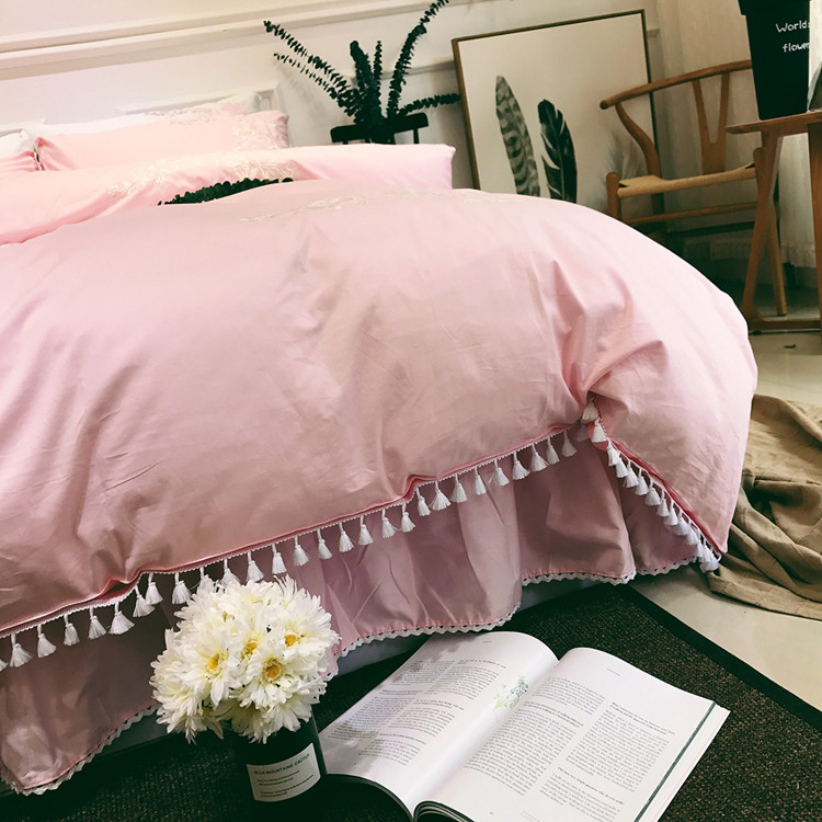 pure cotton satin embroidered bed skirt four piece pink korean