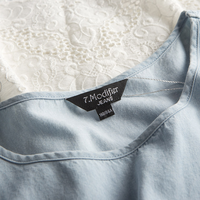 莫丽菲尔 2015夏新品 字母印花牛仔蕾丝拼接短袖连衣裙70004088