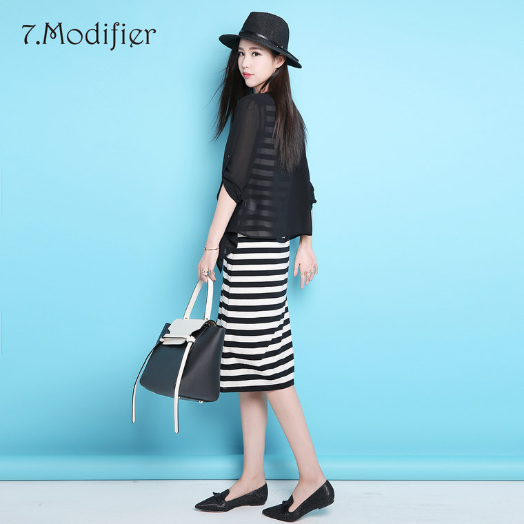 莫丽菲尔2015秋新品 黑白条纹连衣裙黑色外套两件套 70003168
