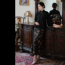 Xiao Gongzi) Mo Yu)Chinese retro Republic of China style loose old satin black inverted large sleeve cheongsam top SY222