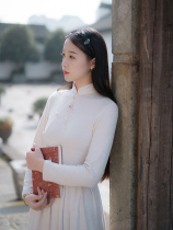 Chinese retro spring and autumn elastic soft knitted waist pleated cheongsam dress L220