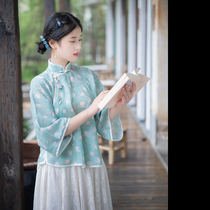 Xiaogong) Yiyi) Retro Republic of China style fresh Ramie jasmine young loose inverted large sleeve cheongsam top