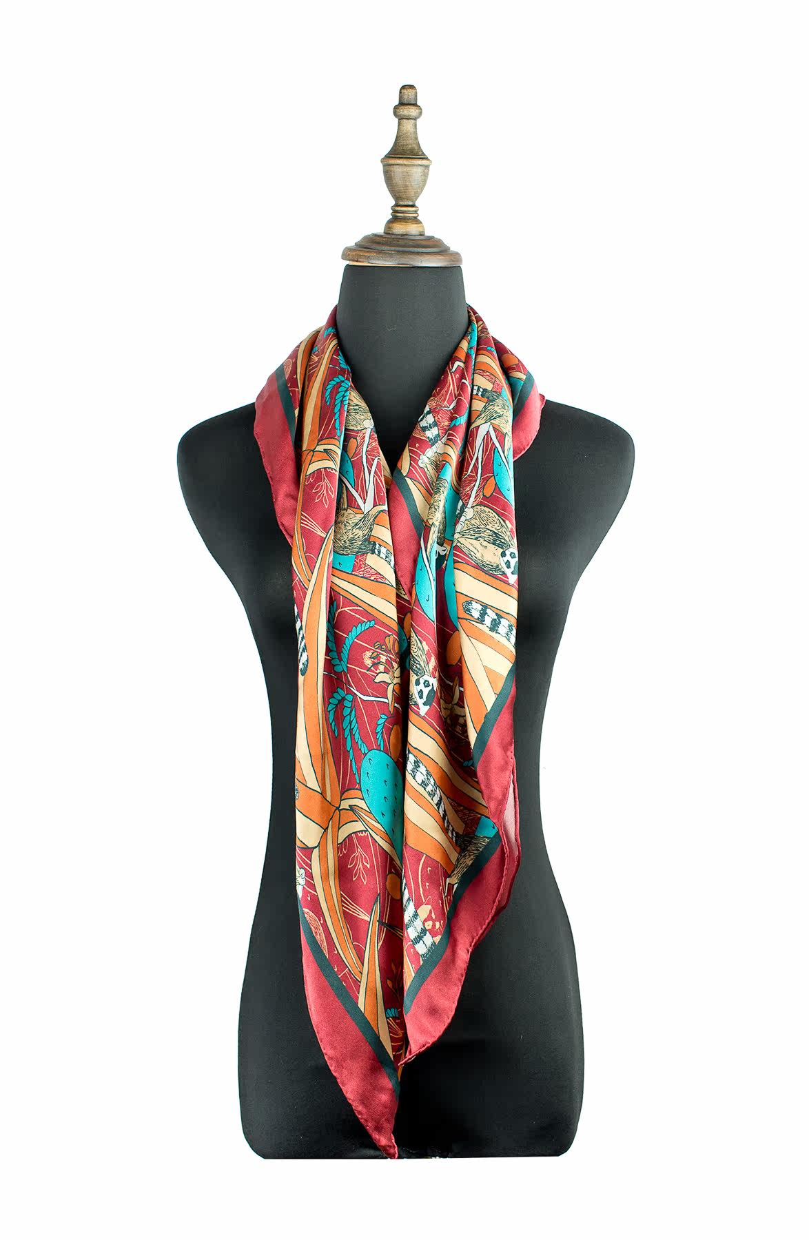 双成记乐园系列狐猴仙人掌印花真丝缎面大方巾红节日