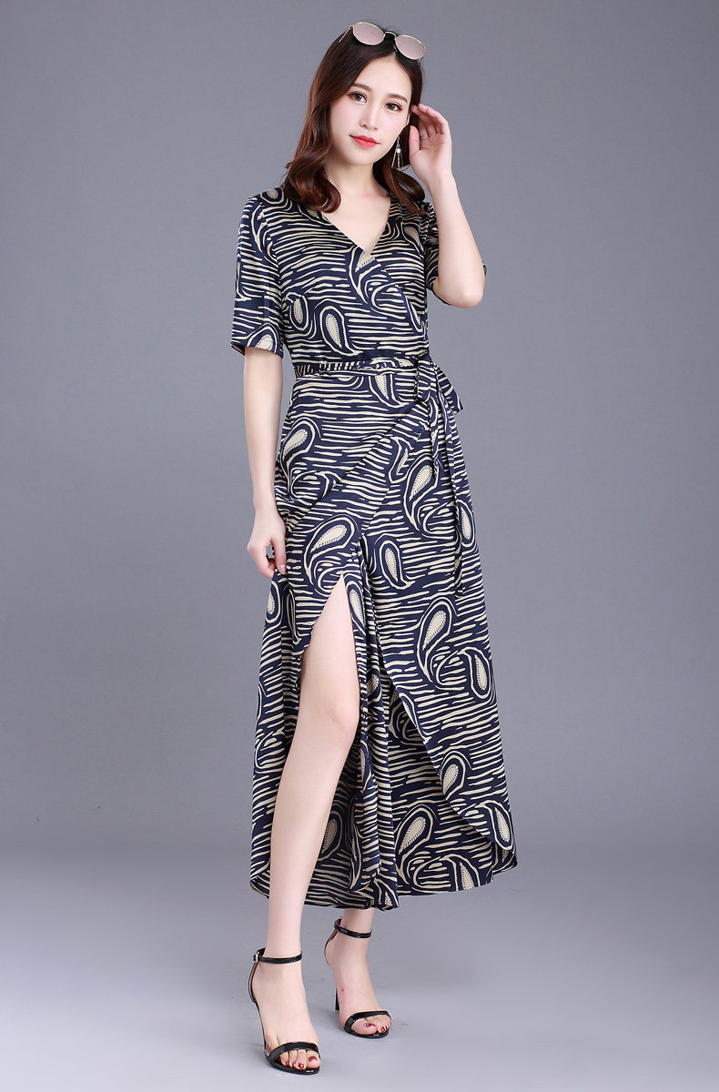 安可安芳2017夏装新款时尚印花连衣裤女气质修身中长裤裙a71l163