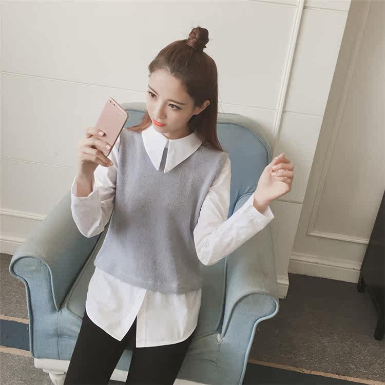 实拍2016秋冬新款衬衣拼接针织假两件套女