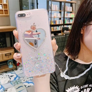 iphonexs手机壳苹果xr/max爱心透明水钻带镜子8plus女款7少女心镜面网红同款抖音闪粉带挂绳滴胶防摔不会脏的