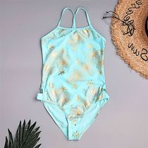 Export Foreign Trade Childrens swimsuit girl conjoined cute fresh peacock blue gilding fashion atmospheric swimsuit 2-14