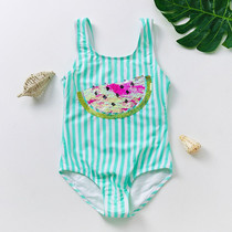 Childrens swimsuit girl mint green fresh vertical stripes cute watermelon sequin girl