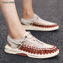 Tide brand sandals mens 2021 summer new casual breathable soft-soled beach slippers woven leather mens hole shoes