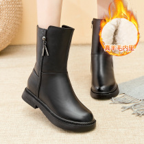 Mid-tube boots mother cotton shoes plus velvet wool warm 2020 Winter new leather comfortable soft bottom middle-aged leather shoes